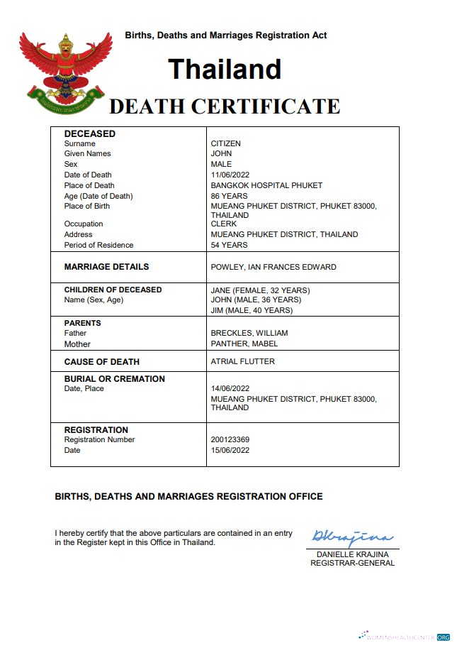 Download Thailand death certificate Word and PDF template Photoshop template